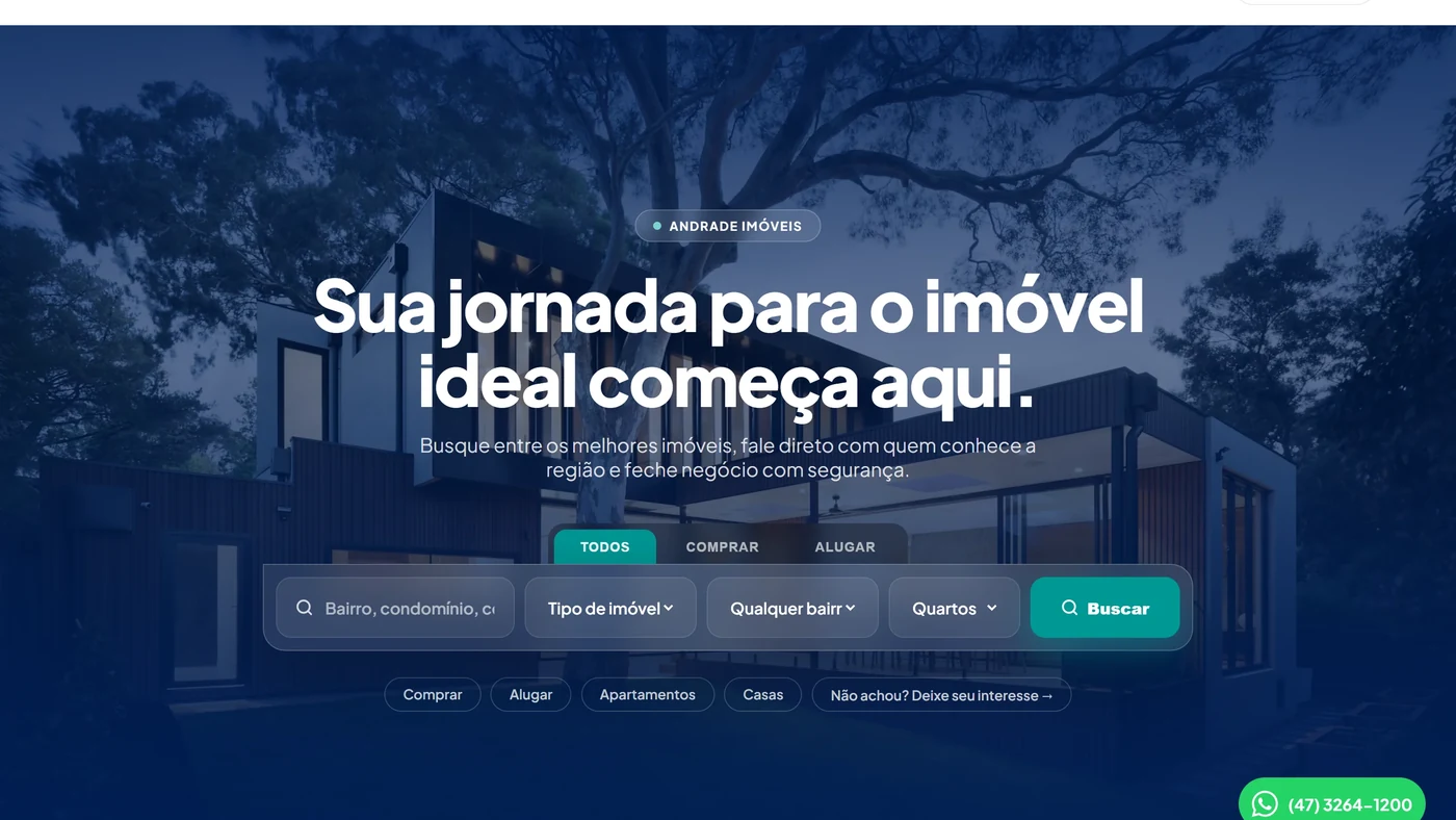 Site de imobiliária gerado pela plataforma, com busca por bairro, tipo e quartos